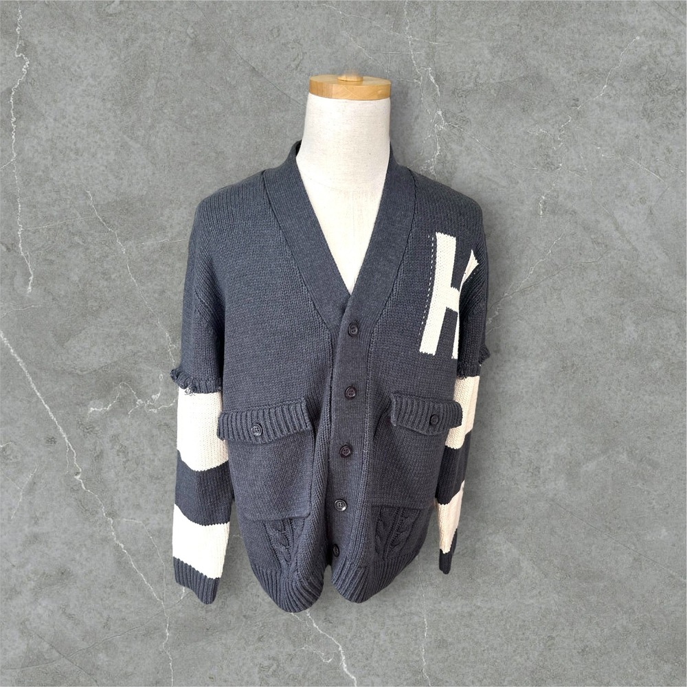 Varsity Cardigan Knit Sweater Letterman Style Blue White‎ Patchwork
